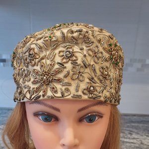 1950s Metallic Gold, Silver and Gem Embroidered Silk Flapper Cloche Evening Hat